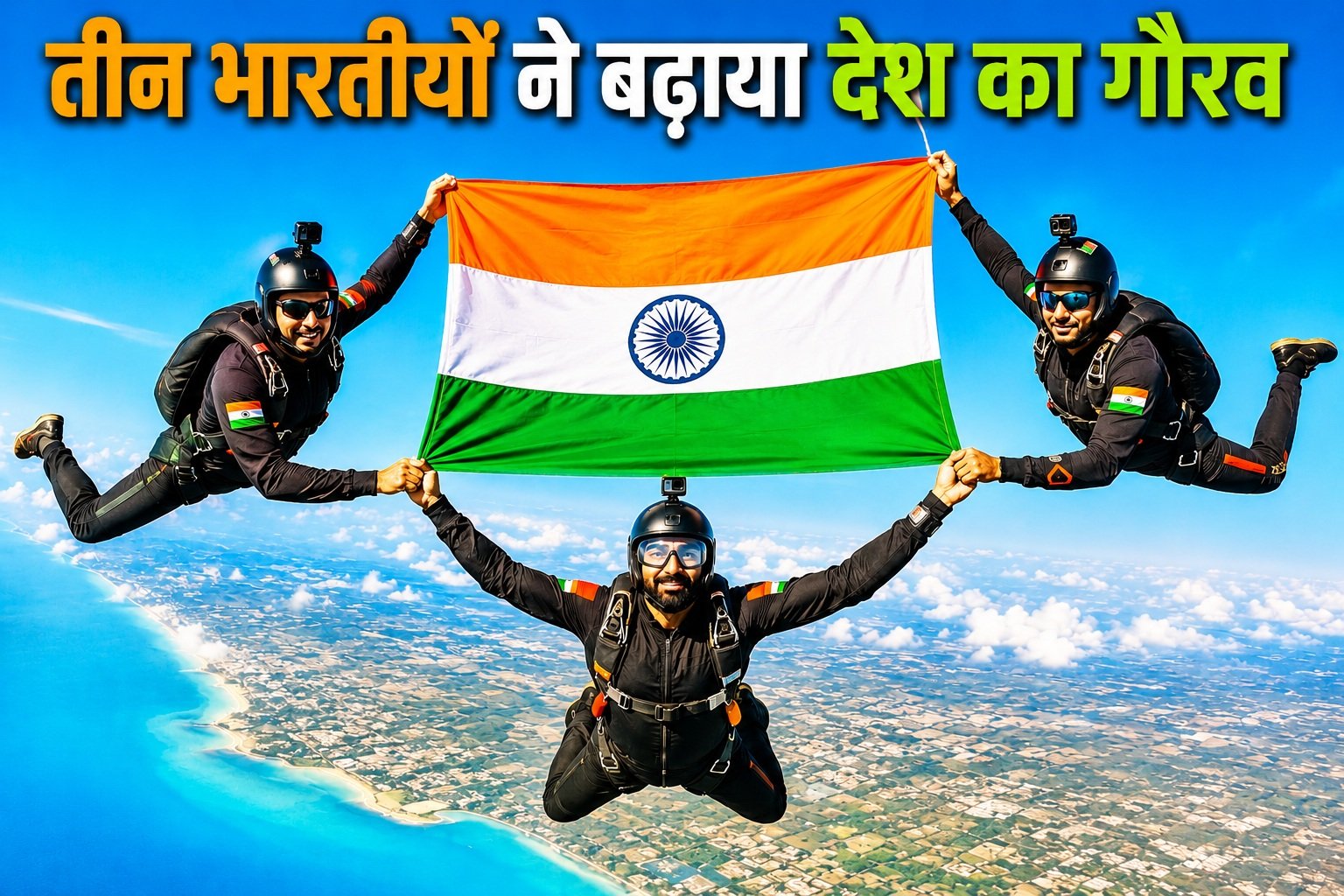 Teen Bharatiyon ne Skydiving karte hue Tiranga faharaya