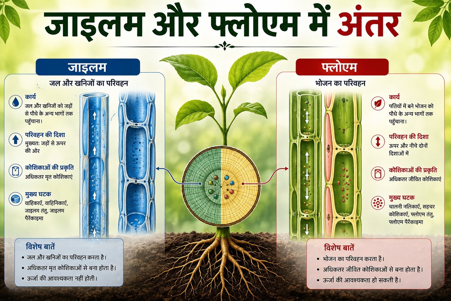 जाइलम और फ्लोएम में अंतर